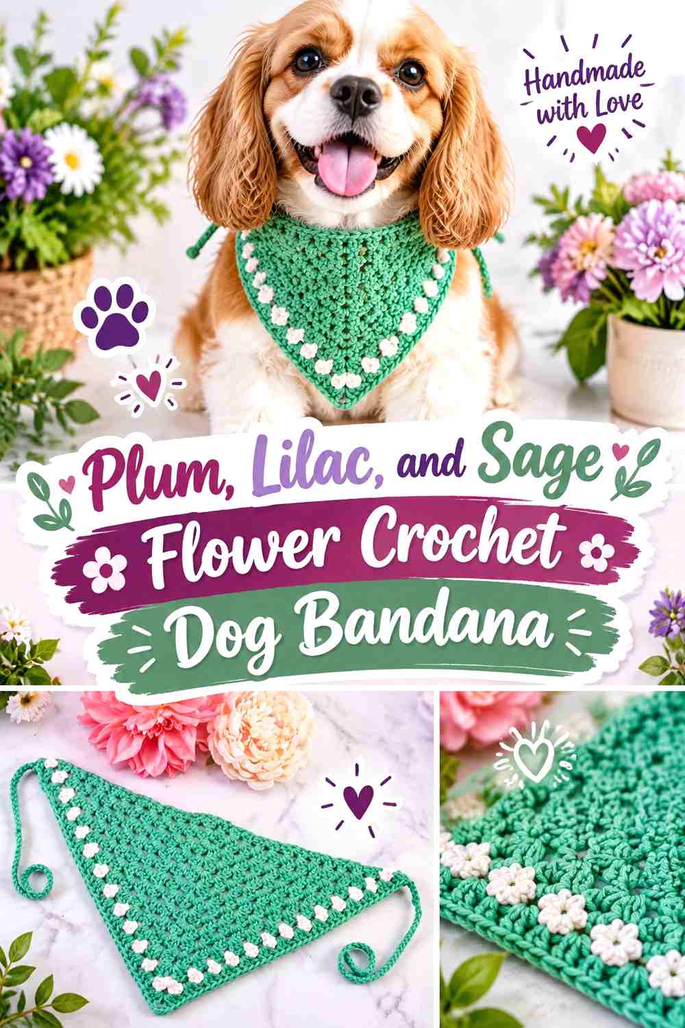 Plum, Lilac, and Sage Flower Crochet Dog Bandana