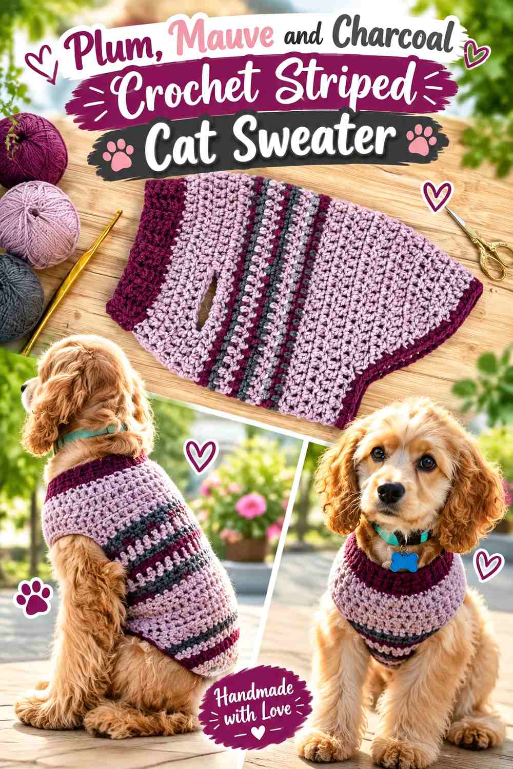 Plum, Mauve, and Charcoal Crochet Striped Cat Sweater