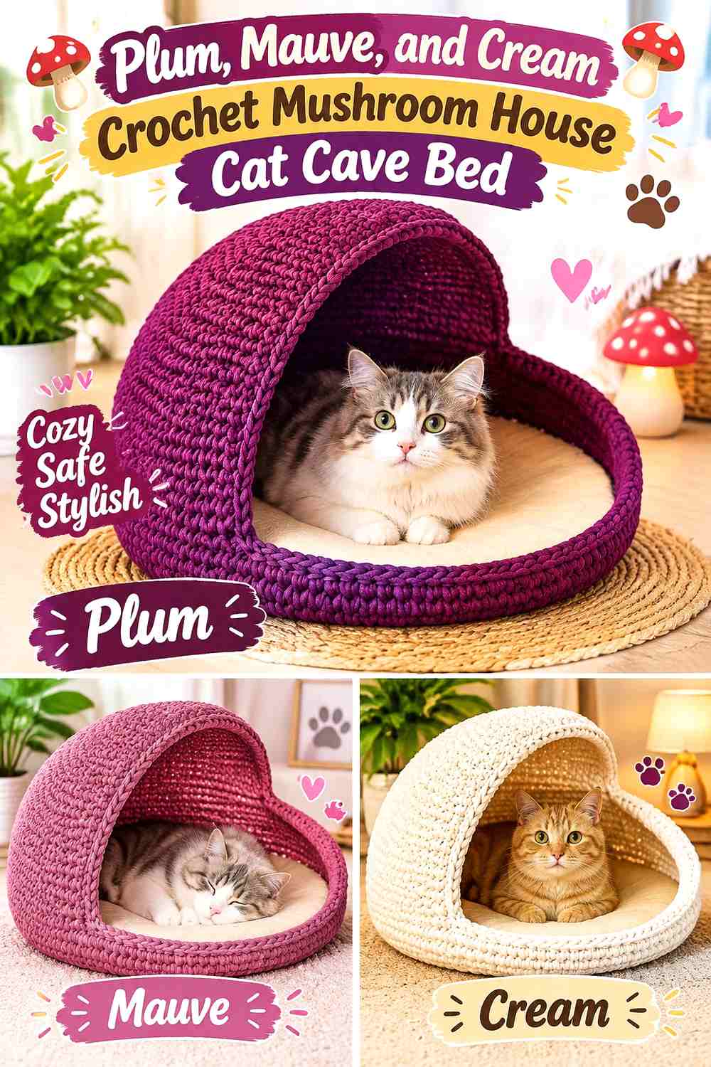 Plum, Mauve, and Cream Crochet Mushroom House Cat Cave Bed