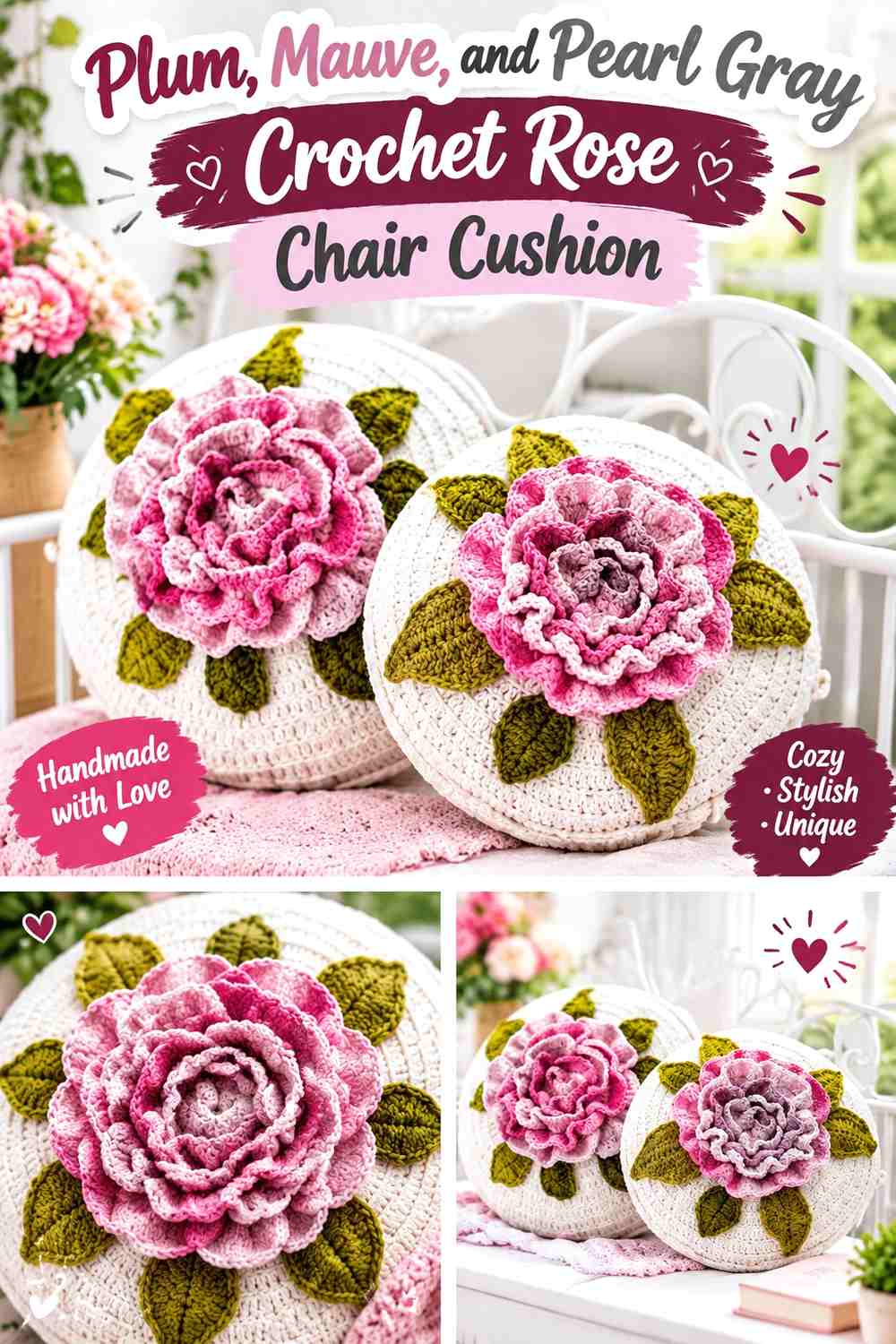 Plum, Mauve, and Pearl Gray Crochet Rose Chair Cushion