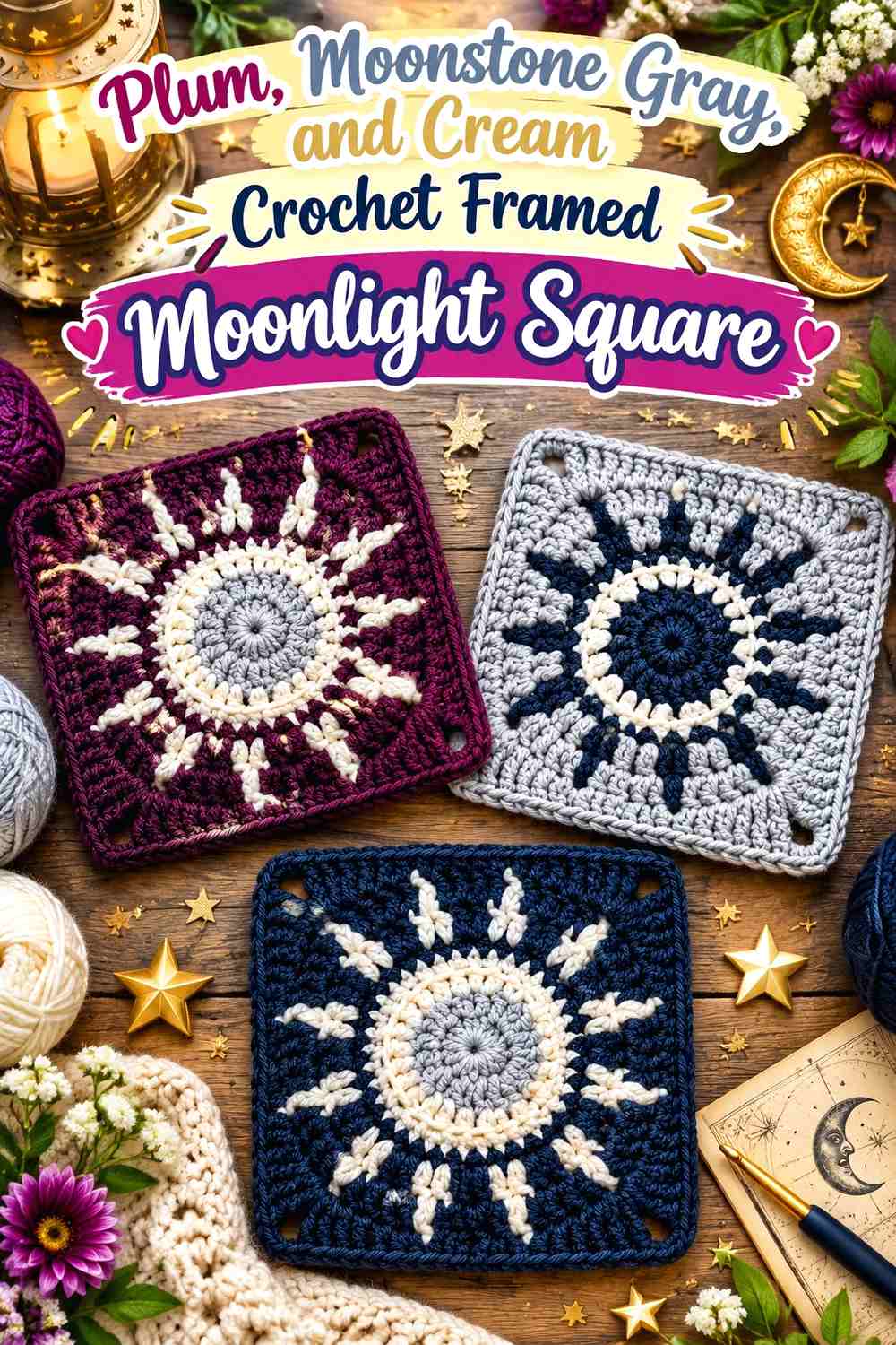 Plum, Moonstone Gray, and Cream Crochet Framed Moonlight Square