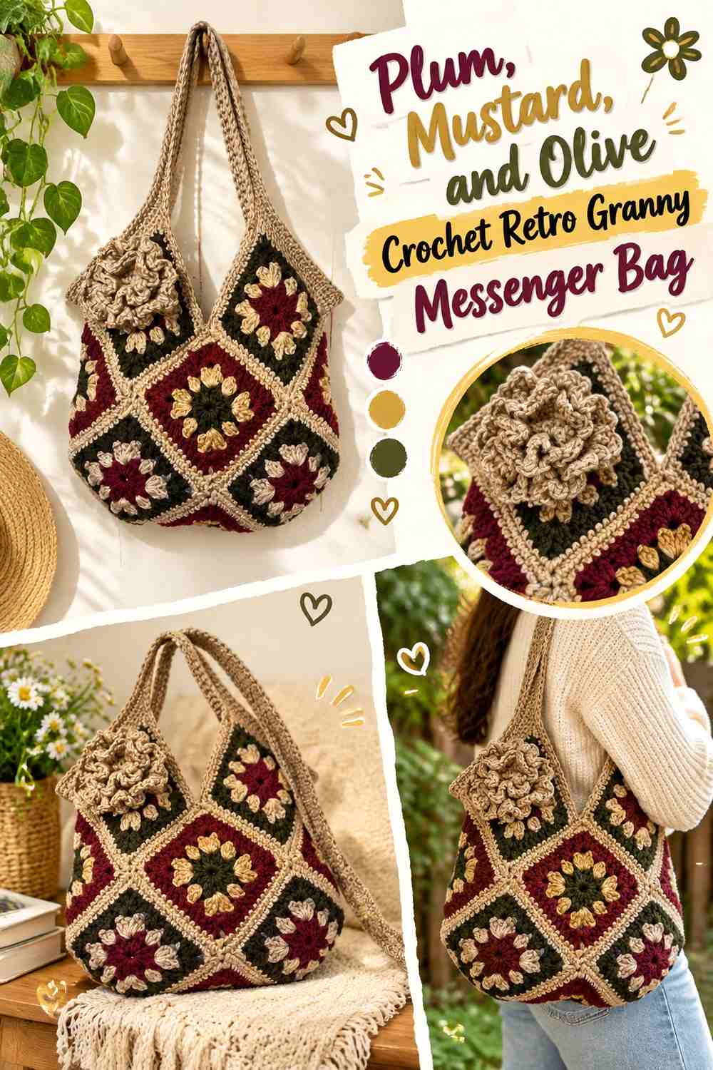 Plum, Mustard, and Olive Crochet Retro Granny Messenger Bag