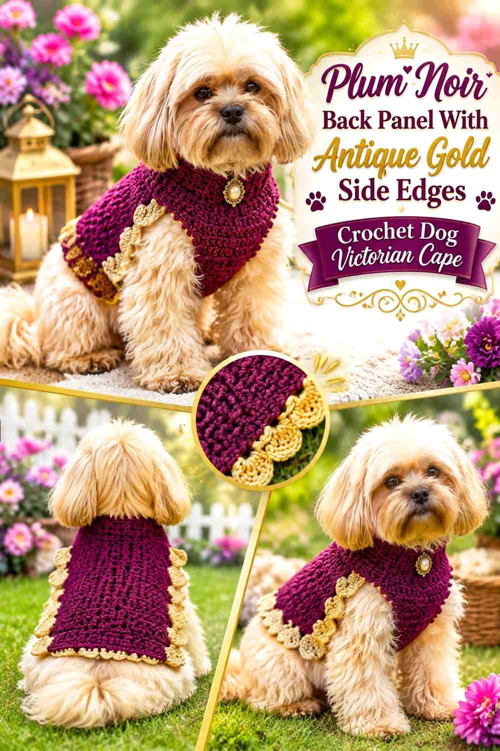 Plum Noir Back Panel With Antique Gold Side Edges Crochet Dog Victorian Cape
