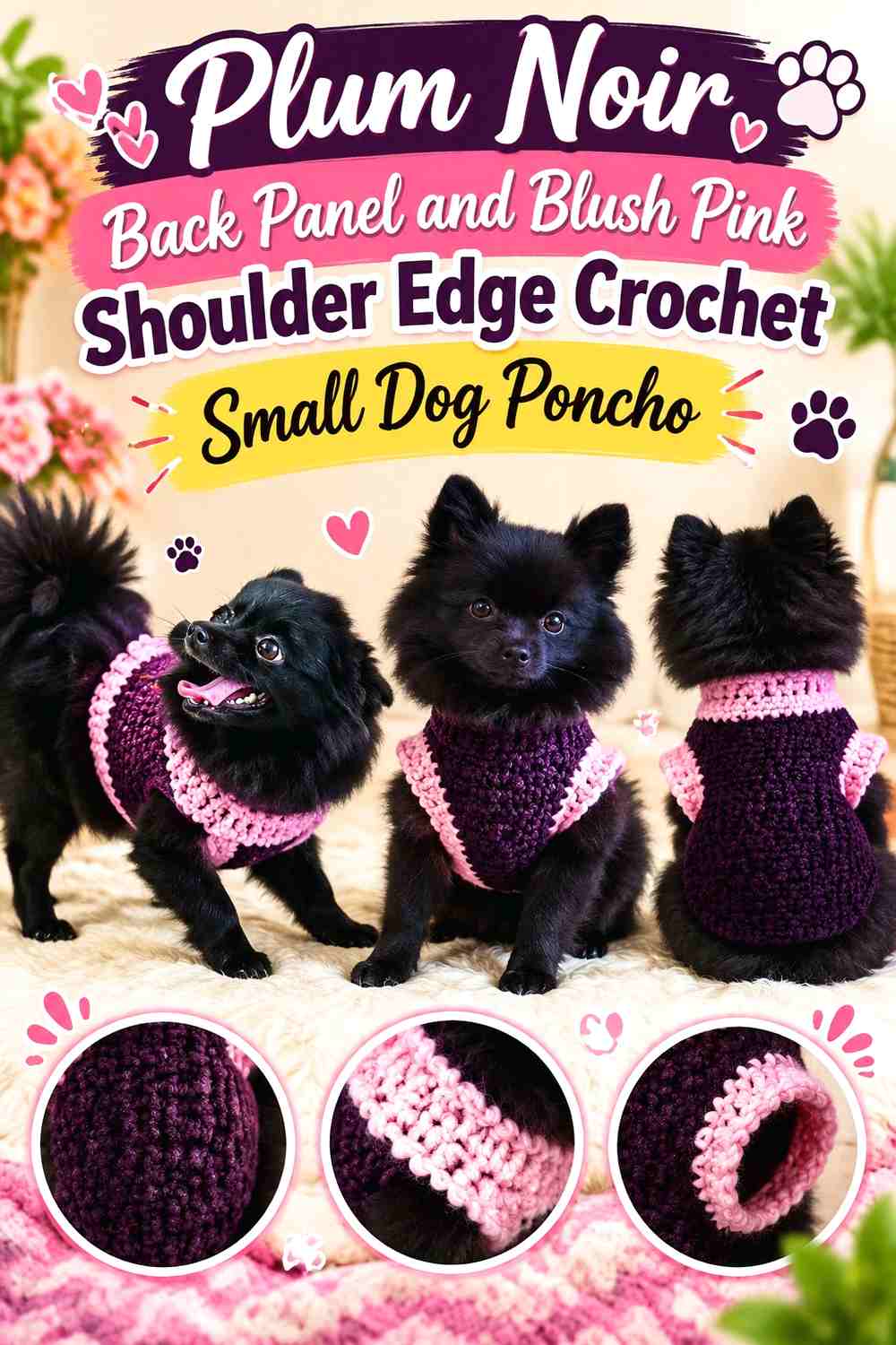 Plum Noir Back Panel and Blush Pink Shoulder Edge Crochet Small Dog Poncho