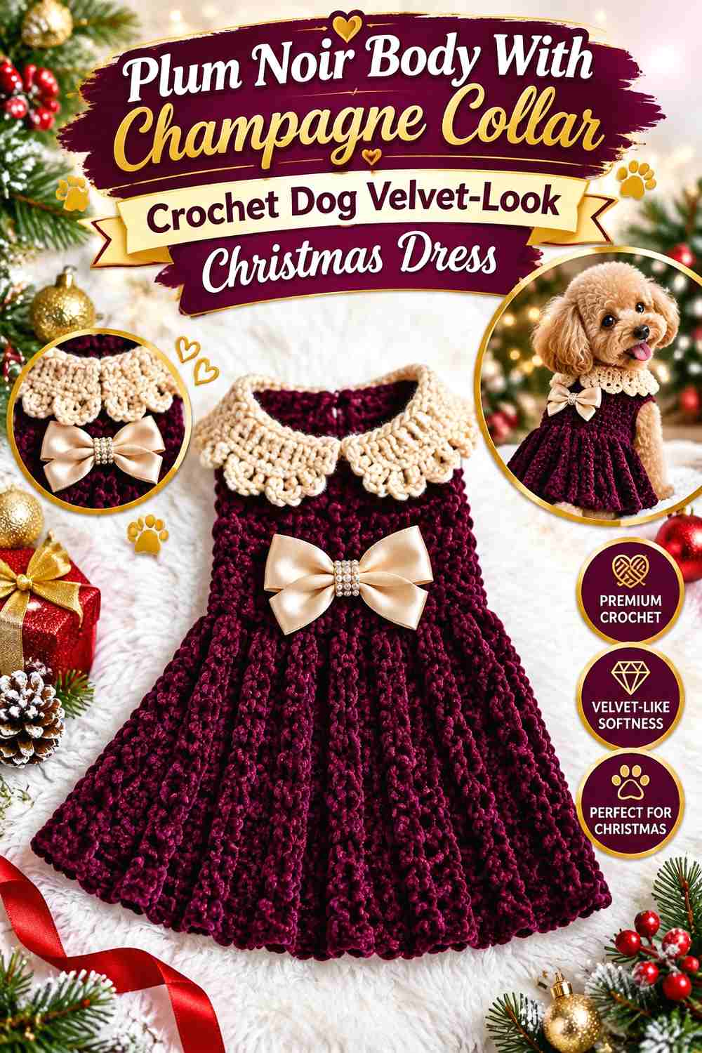 Plum Noir Body With Champagne Collar Crochet Dog Velvet-Look Christmas Dress
