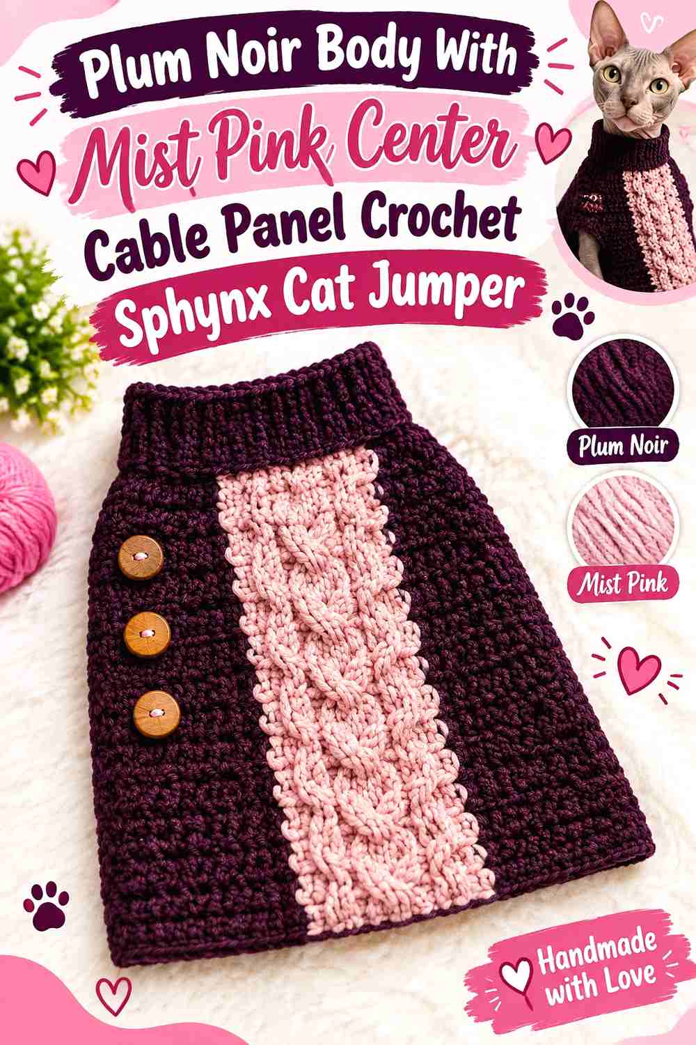 Plum Noir Body With Mist Pink Center Cable Panel Crochet Sphynx Cat Jumper