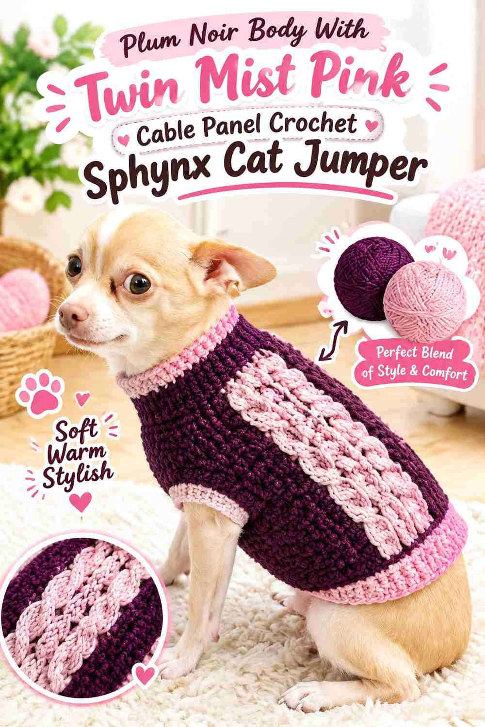 Plum Noir Body With Twin Mist Pink Cable Panel Crochet Sphynx Cat Jumper