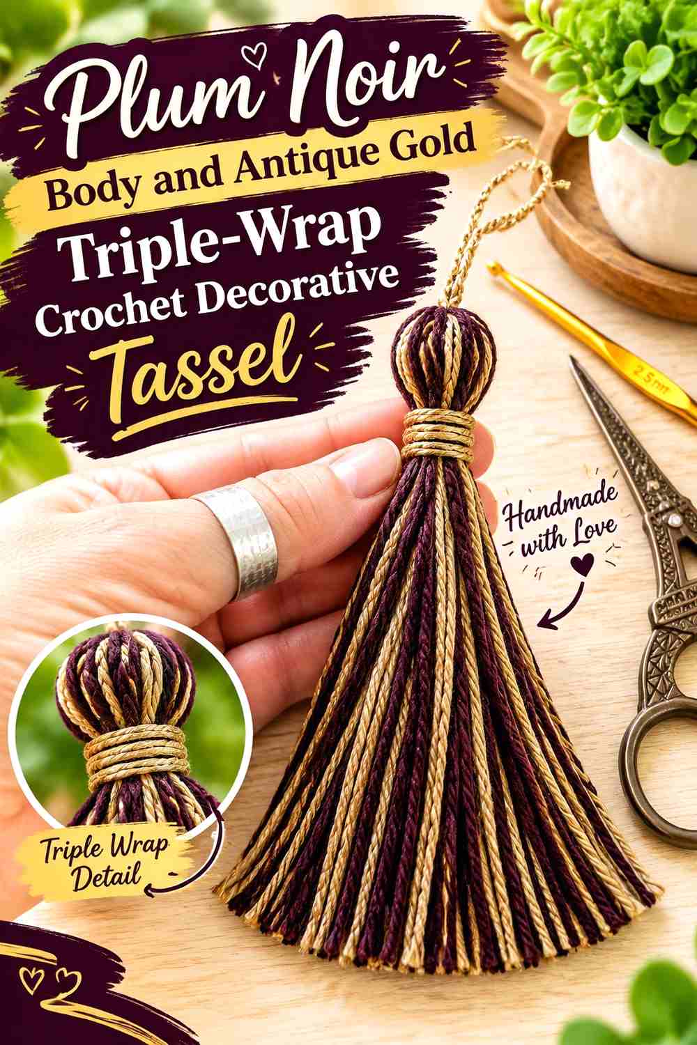 4. Plum Noir Body And Antique Gold Triple Wrap Crochet Decorative Tassel
