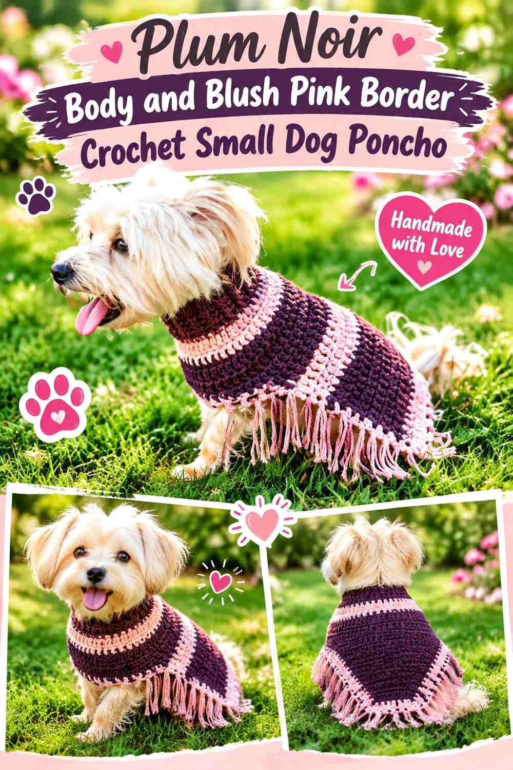 Plum Noir Body and Blush Pink Border Crochet Small Dog Poncho