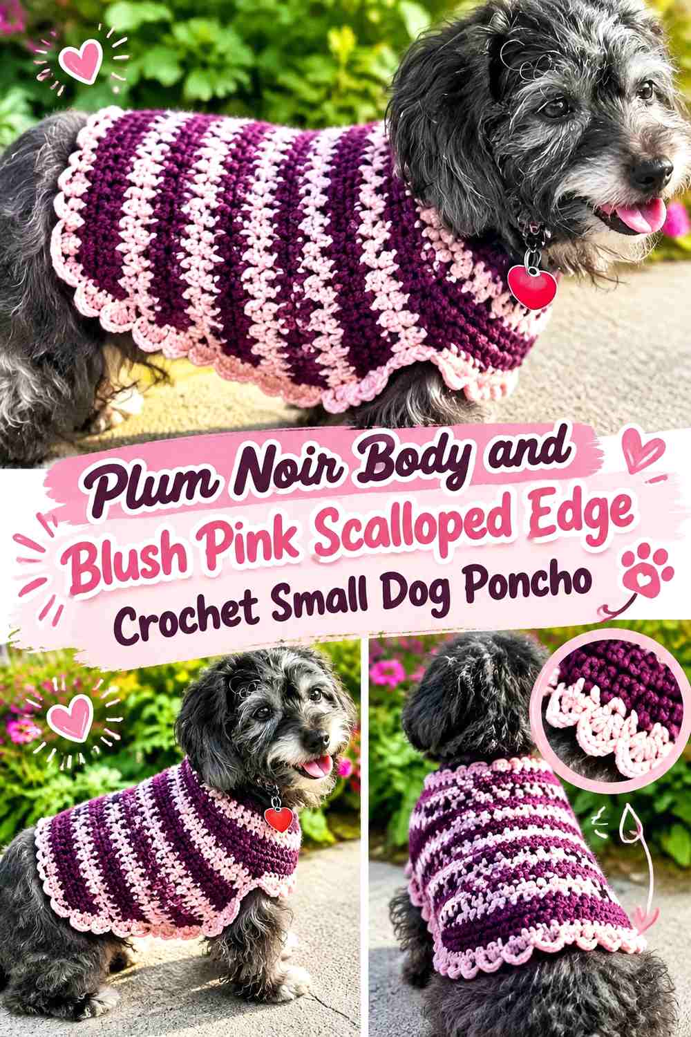 Plum Noir Body and Blush Pink Scalloped Edge Crochet Small Dog Poncho