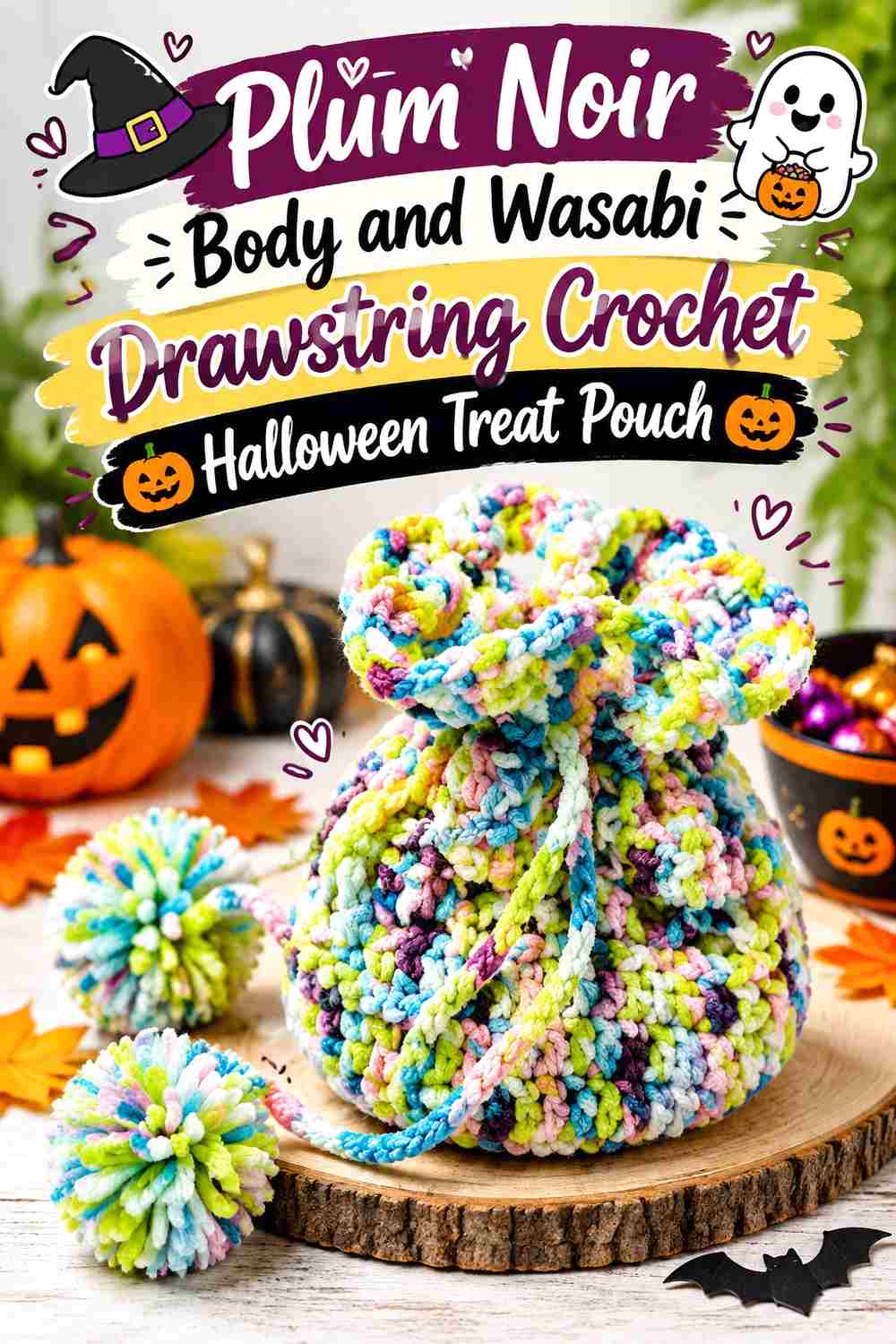 1. Plum Noir Body And Wasabi Drawstring Crochet Halloween Treat Pouch