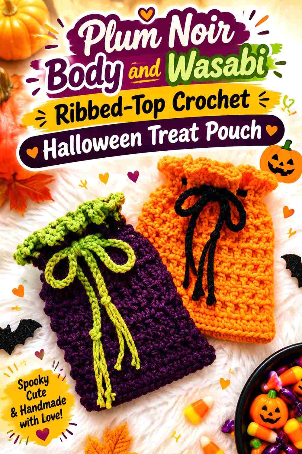 4. Plum Noir Body And Wasabi Ribbed Top Crochet Halloween Treat Pouch