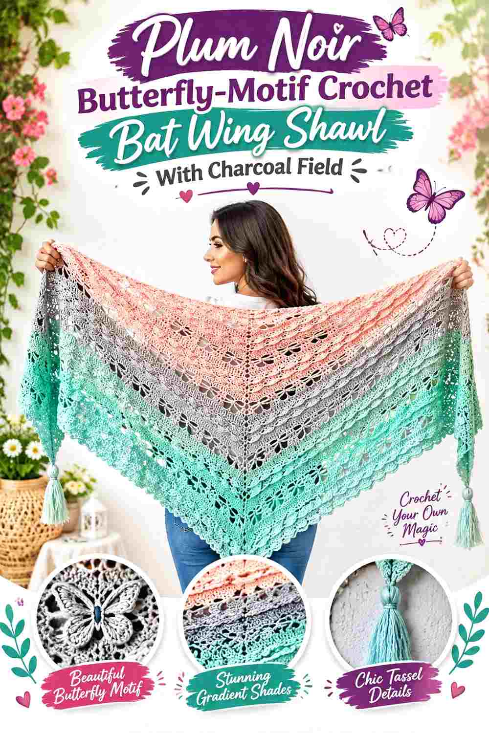 15. Plum Noir Butterfly Motif Crochet Bat Wing Shawl With Charcoal Field