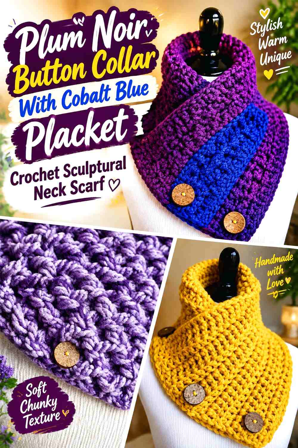 12. Plum Noir Button Collar With Cobalt Blue Placket Crochet Sculptural Neck Scarf