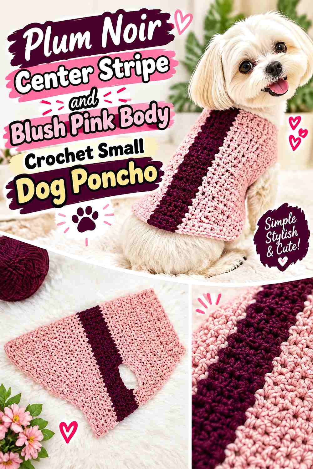 Plum Noir Center Stripe and Blush Pink Body Crochet Small Dog Poncho