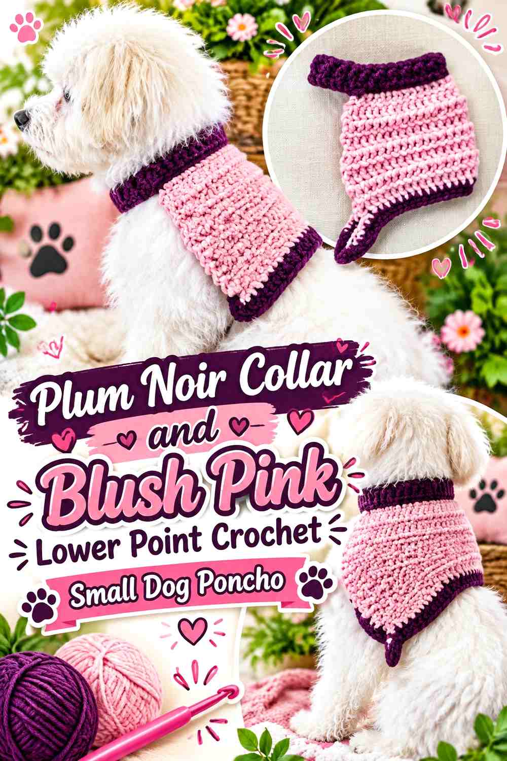Plum Noir Collar and Blush Pink Lower Point Crochet Small Dog Poncho