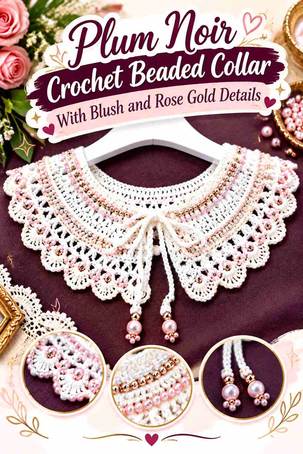 7. Plum Noir Crochet Beaded Collar With Blush And Rose Gold Details