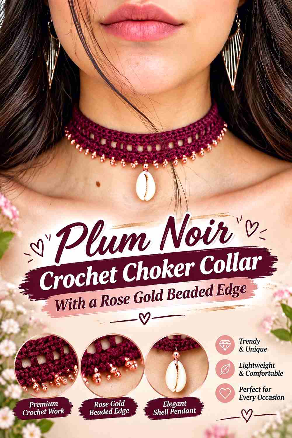 3. Plum Noir Crochet Choker Collar With A Rose Gold Beaded Edge