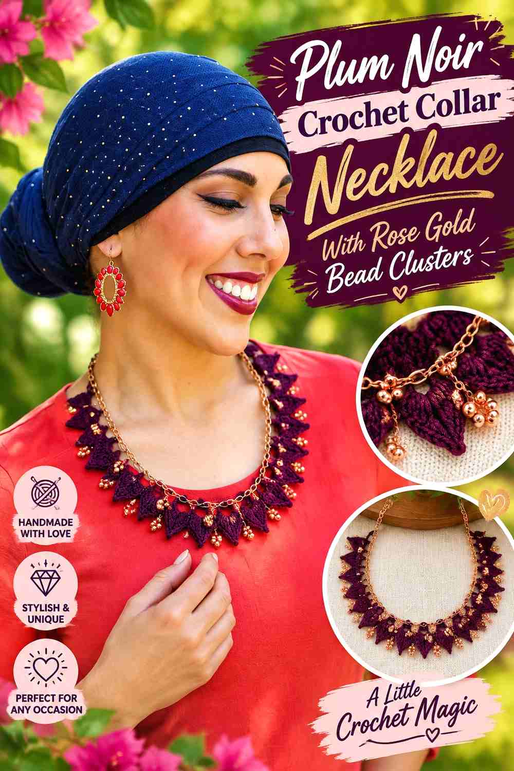 6. Plum Noir Crochet Collar Necklace With Rose Gold Bead Clusters