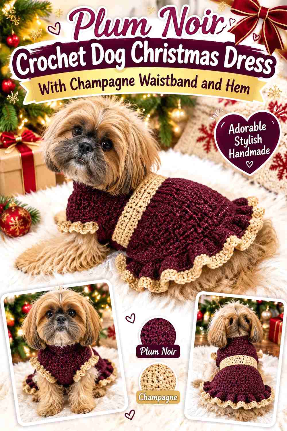 Plum Noir Crochet Dog Christmas Dress With Champagne Waistband and Hem