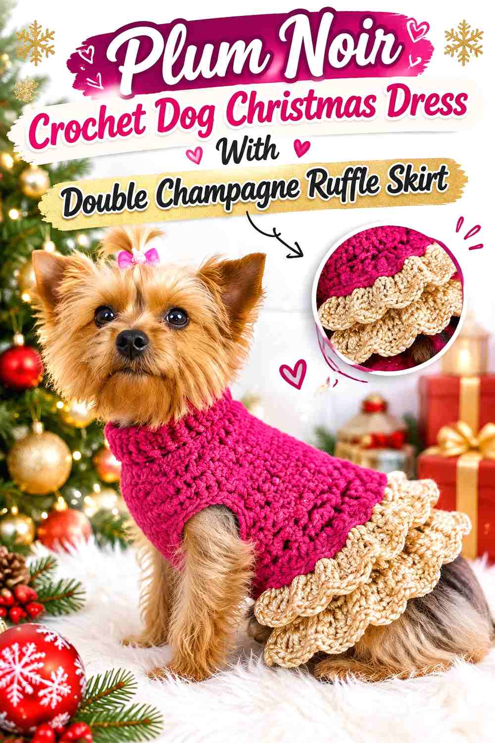 Plum Noir Crochet Dog Christmas Dress With Double Champagne Ruffle Skirt