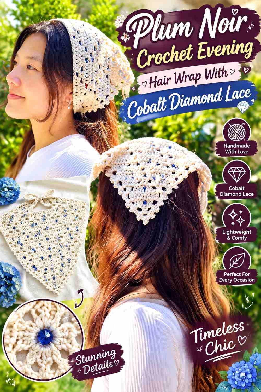 1. Plum Noir Crochet Evening Hair Wrap With Cobalt Diamond Lace