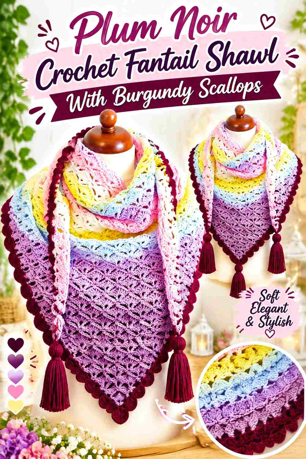 1. Plum Noir Crochet Fantail Shawl With Burgundy Scallops