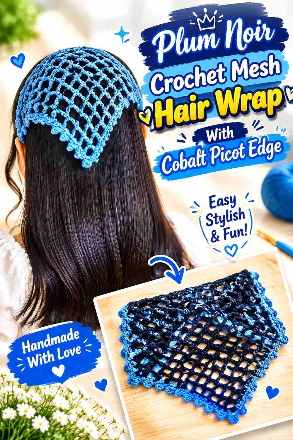 2. Plum Noir Crochet Mesh Hair Wrap With Cobalt Picot Edge