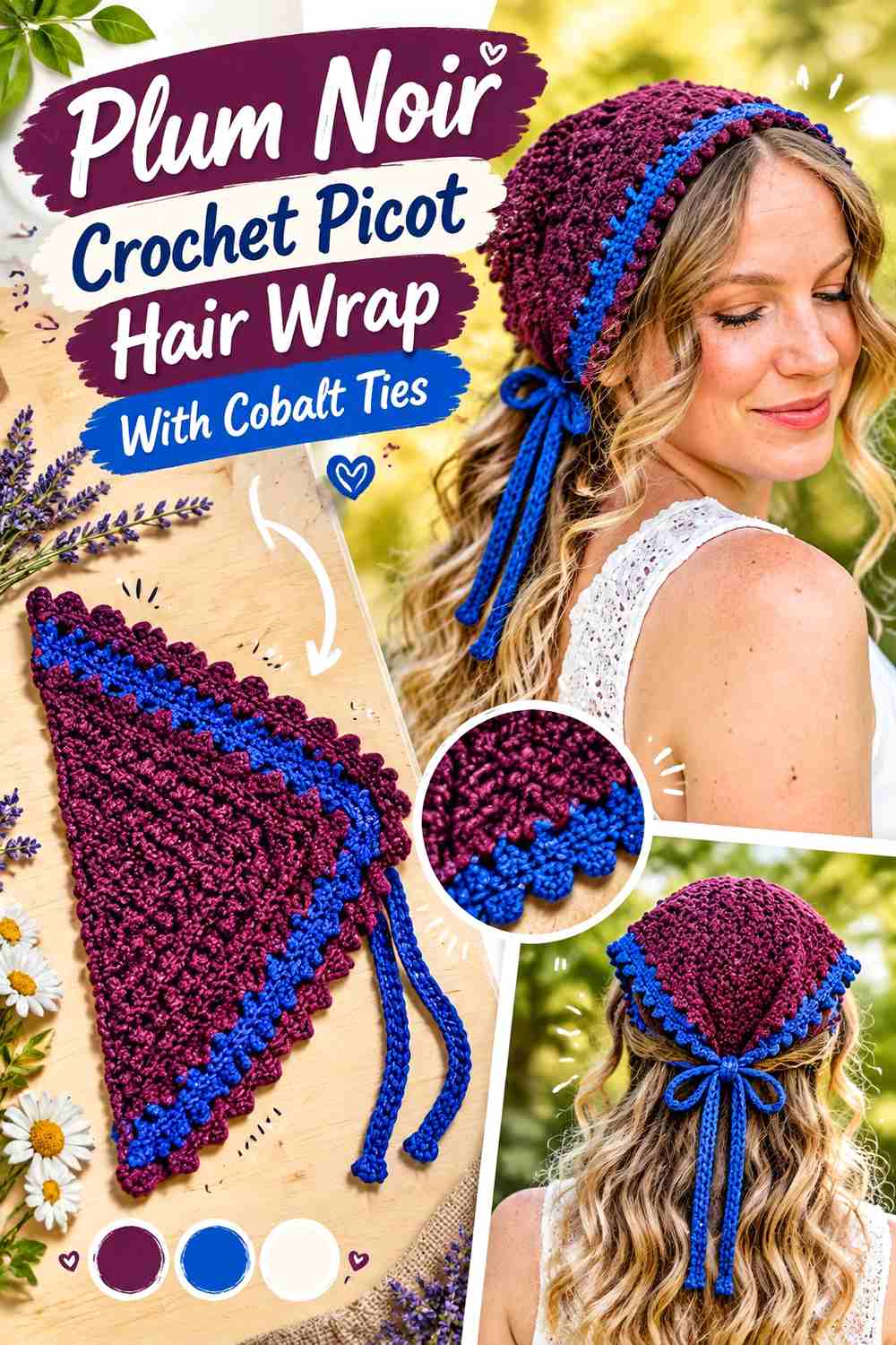 5. Plum Noir Crochet Picot Hair Wrap With Cobalt Ties