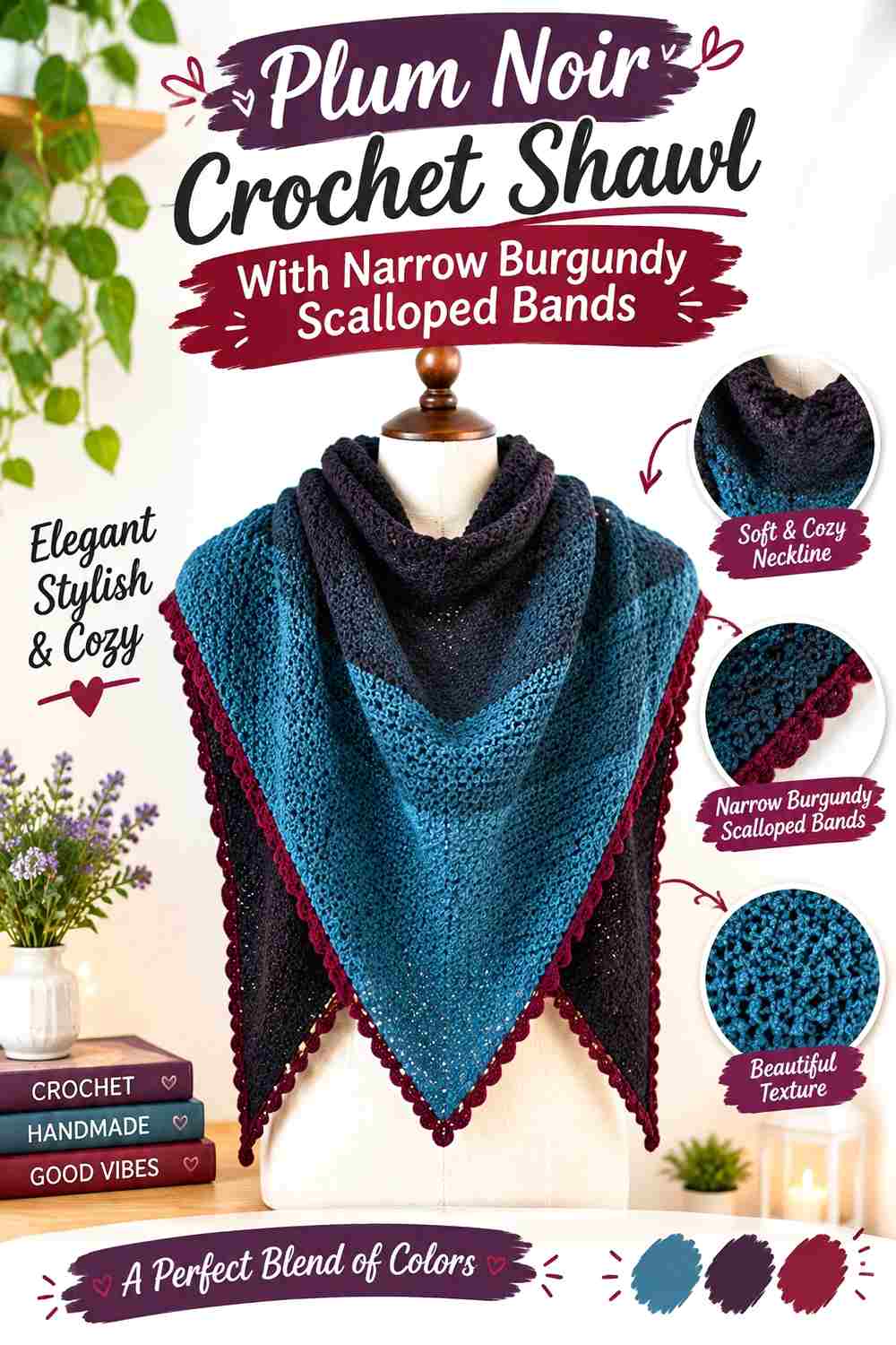 9. Plum Noir Crochet Shawl With Narrow Burgundy Scalloped Bands