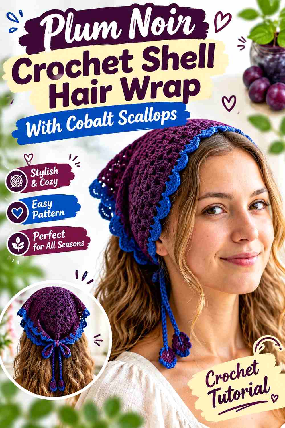 9. Plum Noir Crochet Shell Hair Wrap With Cobalt Scallops