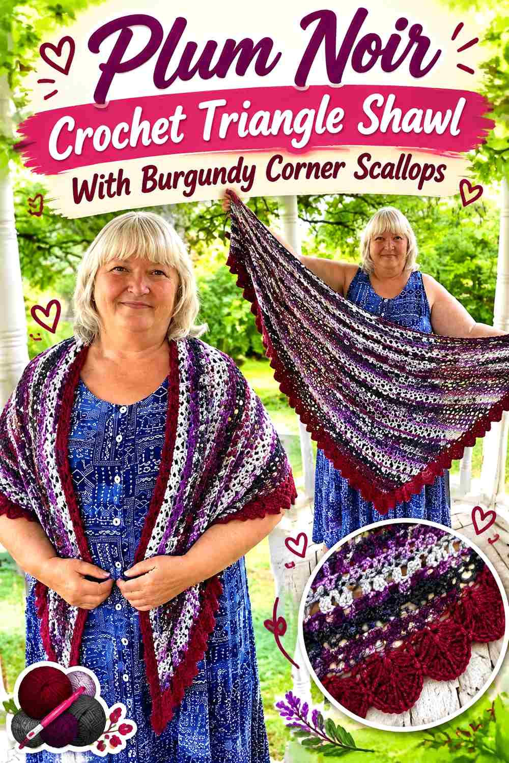 13. Plum Noir Crochet Triangle Shawl With Burgundy Corner Scallops