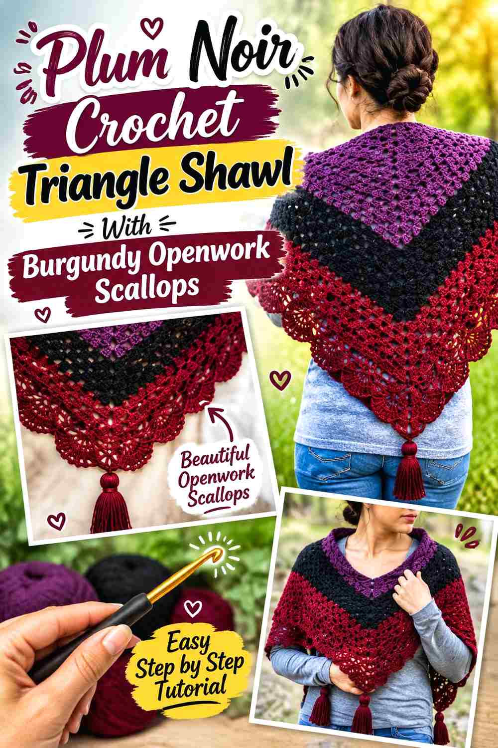 15. Plum Noir Crochet Triangle Shawl With Burgundy Openwork Scallops