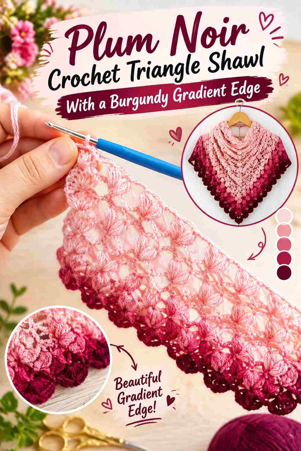 7. Plum Noir Crochet Triangle Shawl With A Burgundy Gradient Edge