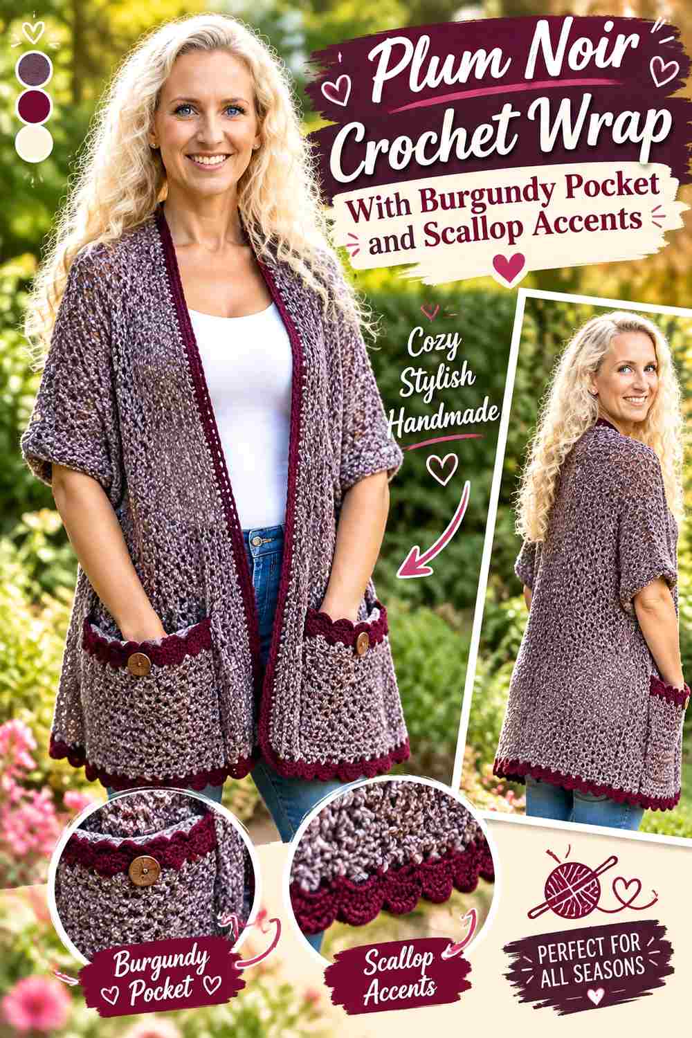 5. Plum Noir Crochet Wrap With Burgundy Pocket And Scallop Accents