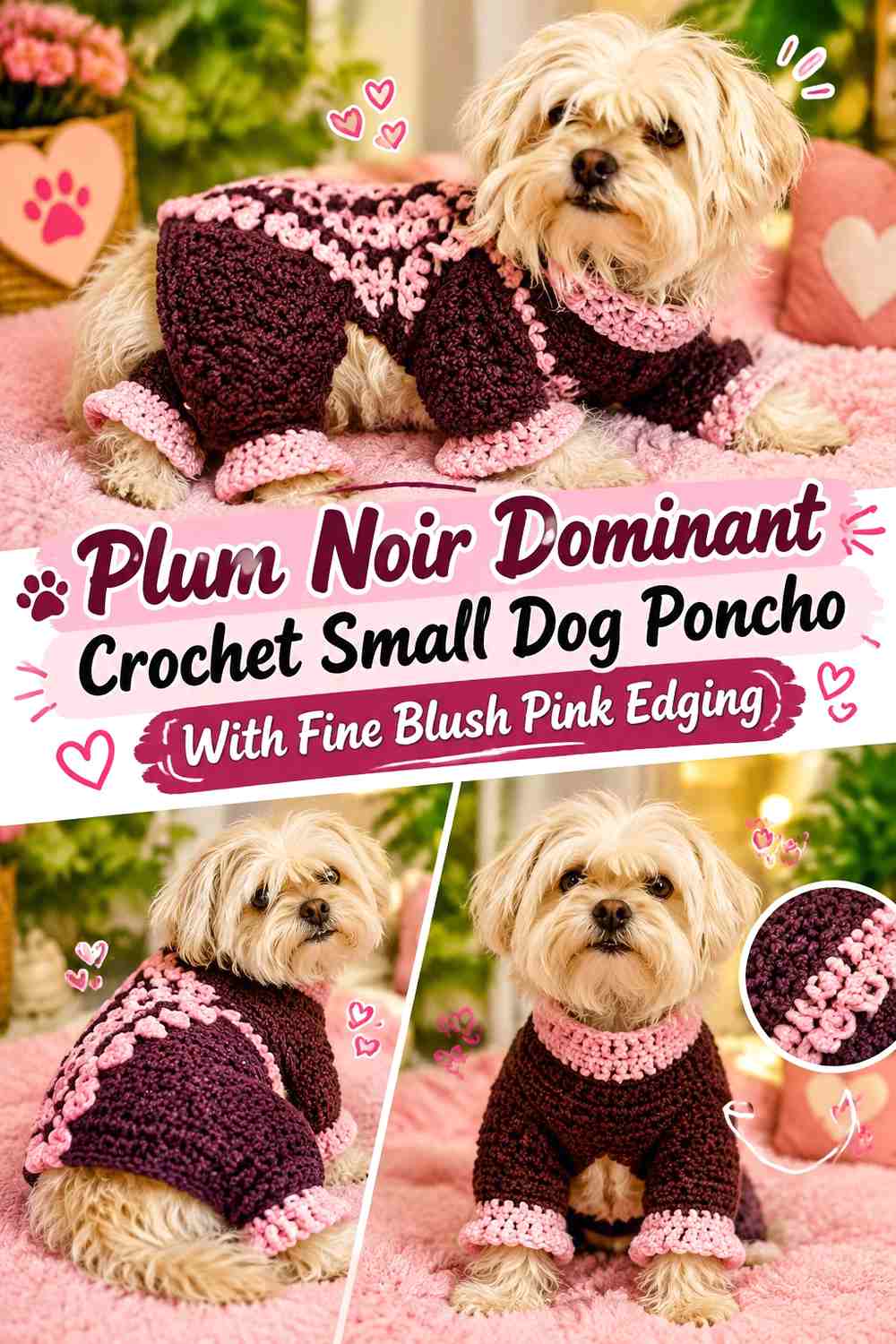 Plum Noir Dominant Crochet Small Dog Poncho With Fine Blush Pink Edging