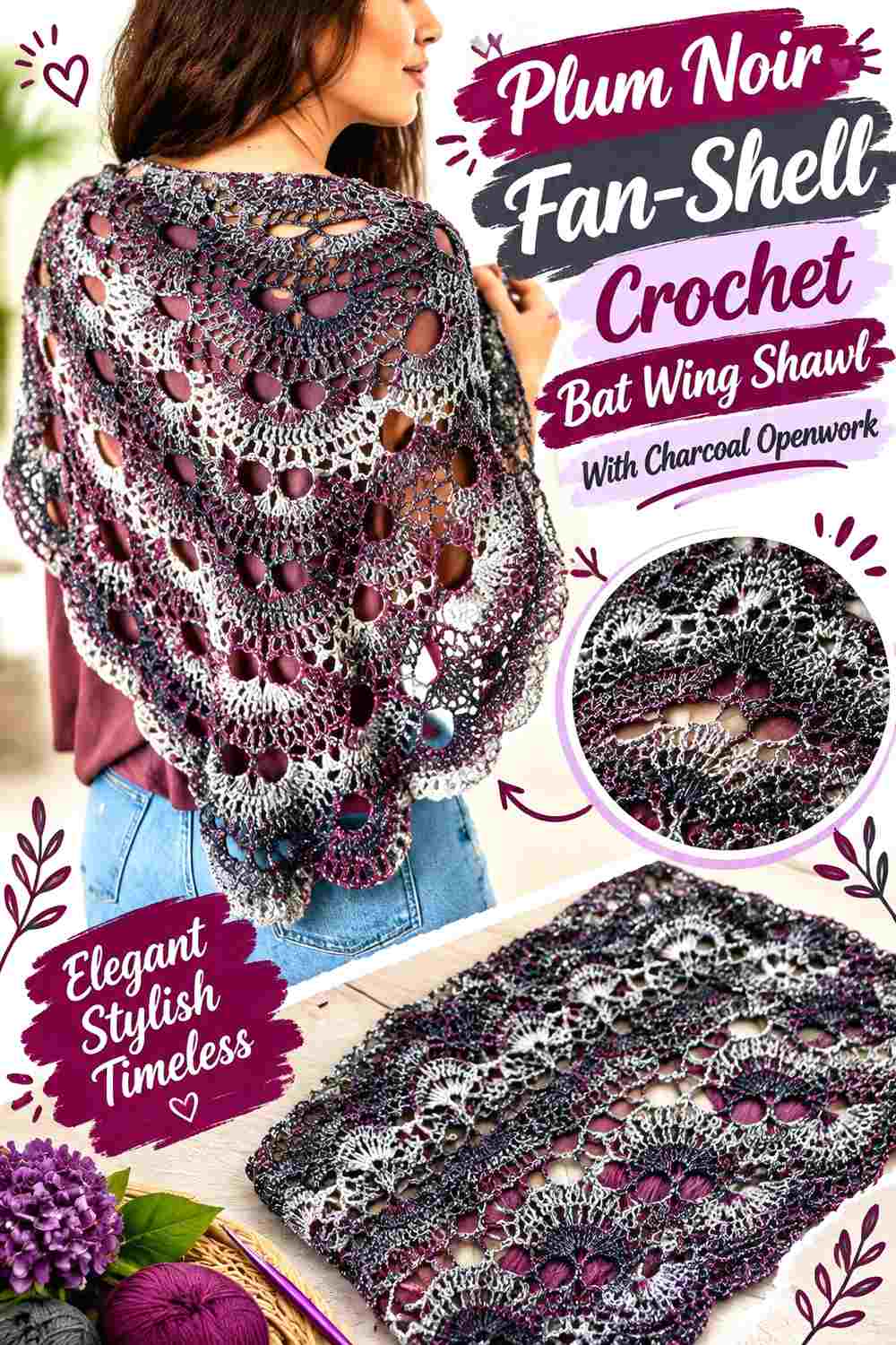 11. Plum Noir Fan Shell Crochet Bat Wing Shawl With Charcoal Openwork