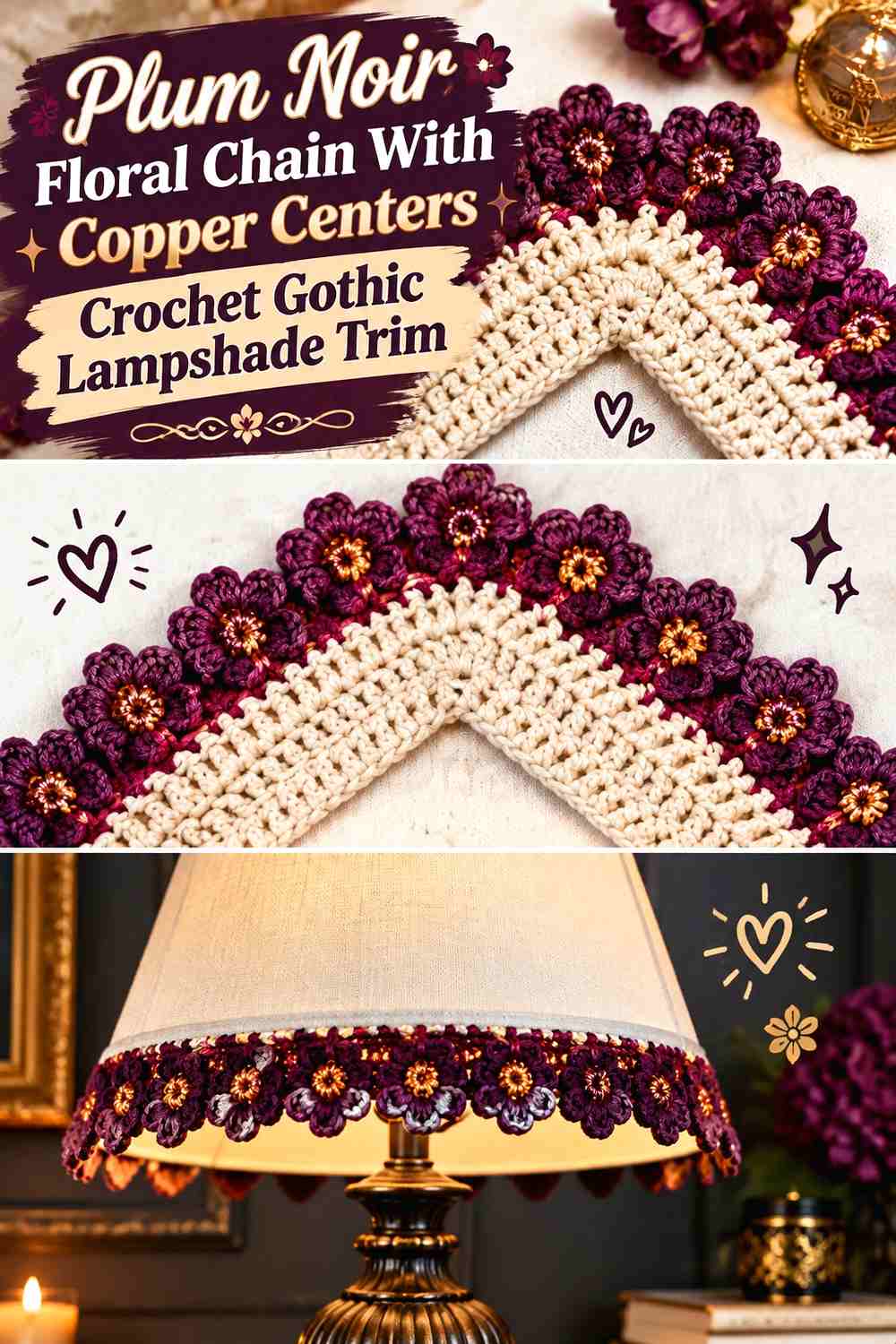 19. Plum Noir Floral Chain With Copper Centers Crochet Gothic Lampshade Trim