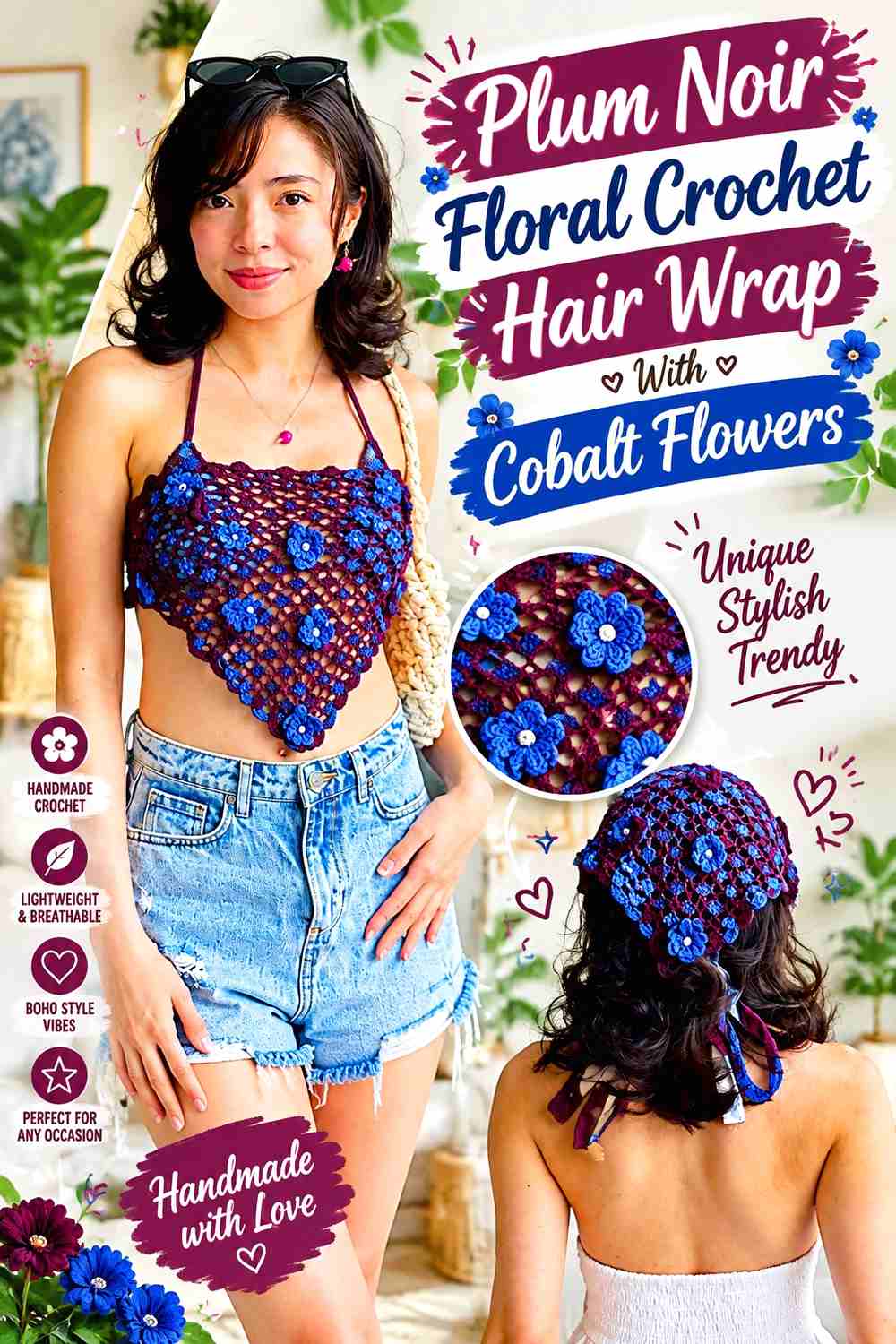 4. Plum Noir Floral Crochet Hair Wrap With Cobalt Flowers