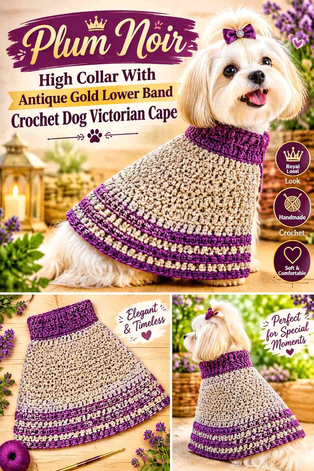 Plum Noir High Collar With Antique Gold Lower Band Crochet Dog Victorian Cape