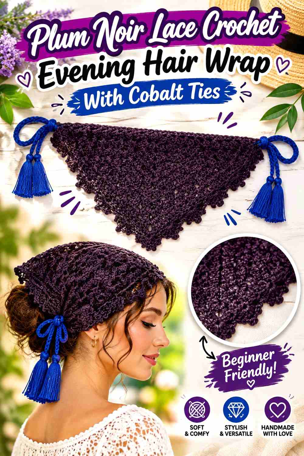 10. Plum Noir Lace Crochet Evening Hair Wrap With Cobalt Ties