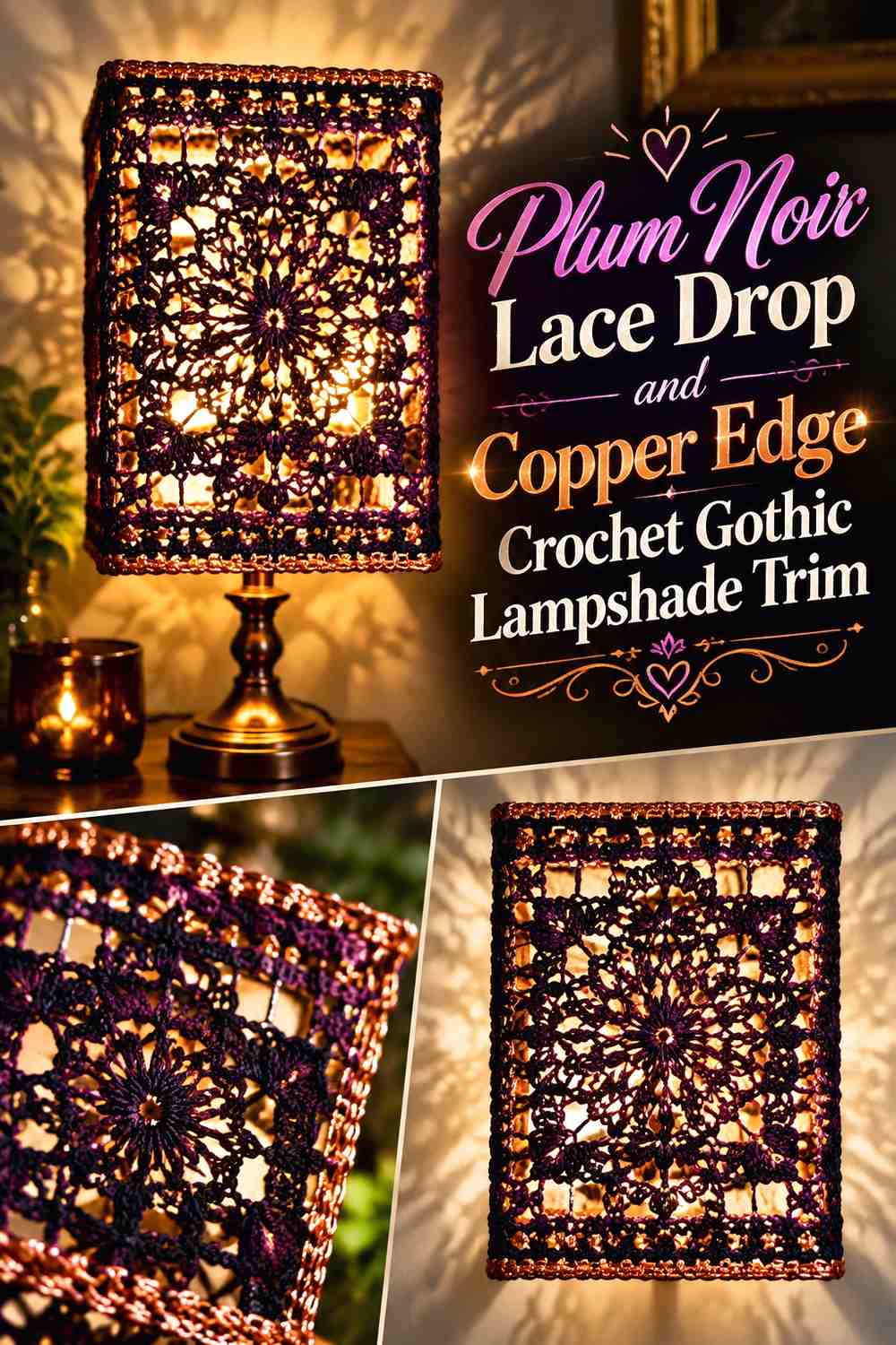 1. Plum Noir Lace Drop And Copper Edge Crochet Gothic Lampshade Trim