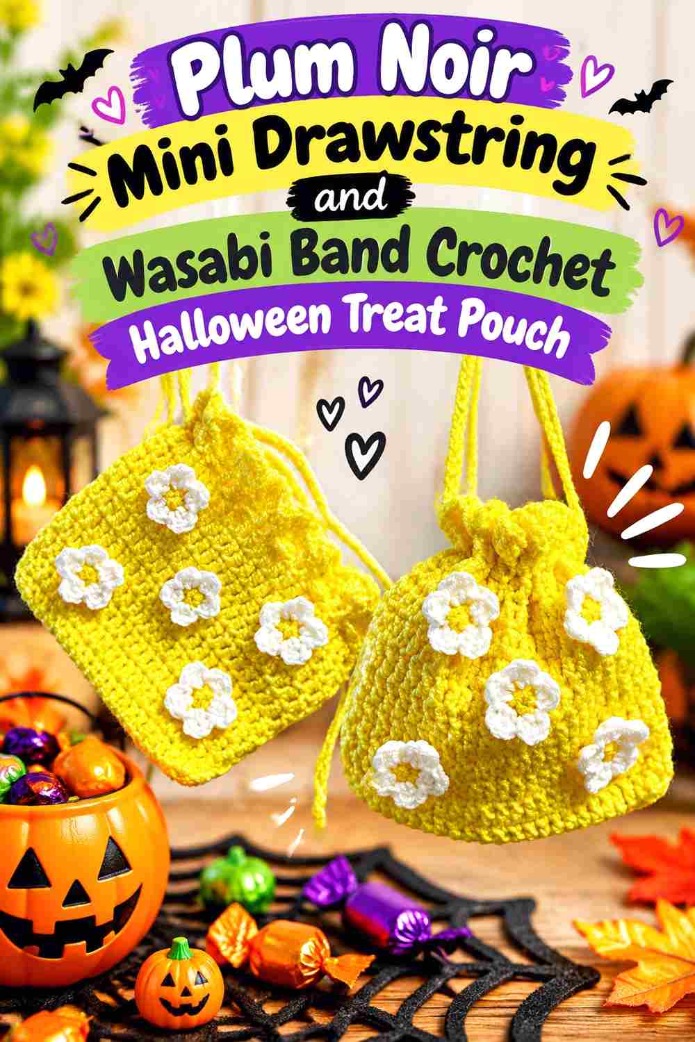 11. Plum Noir Mini Drawstring And Wasabi Band Crochet Halloween Treat Pouch