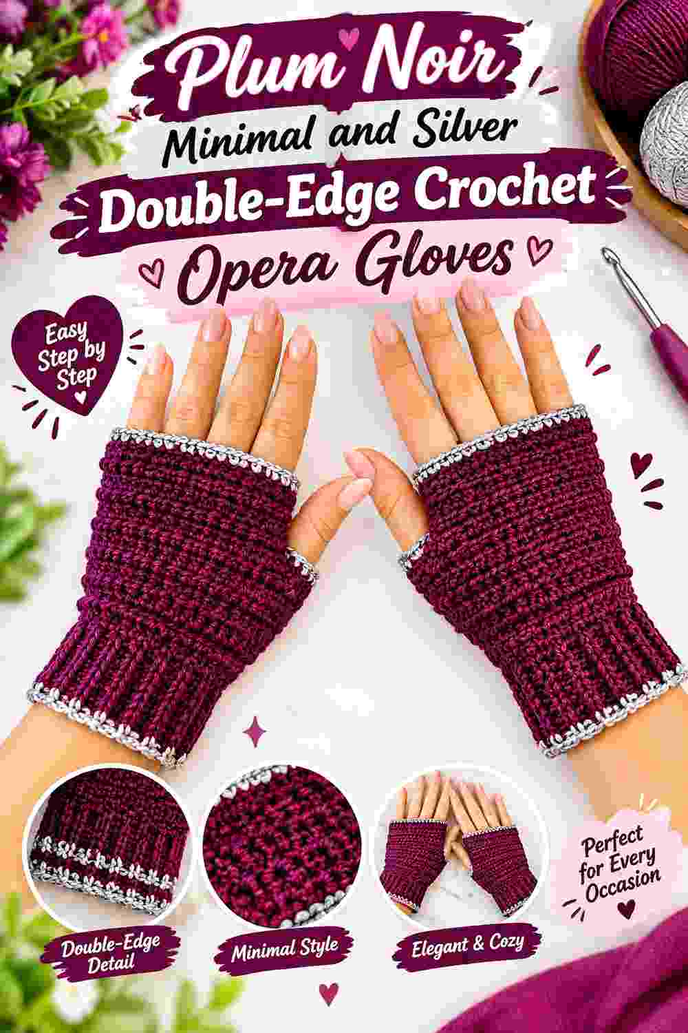 9. Plum Noir Minimal And Silver Double Edge Crochet Opera Gloves