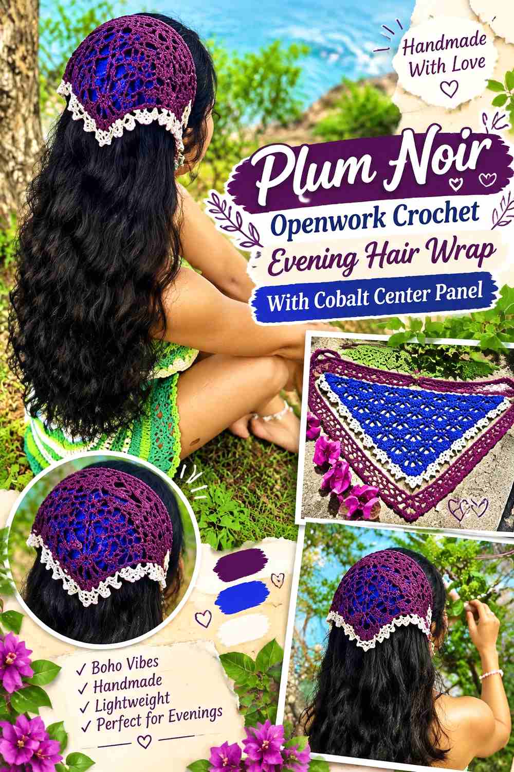 6. Plum Noir Openwork Crochet Evening Hair Wrap With Cobalt Center Panel