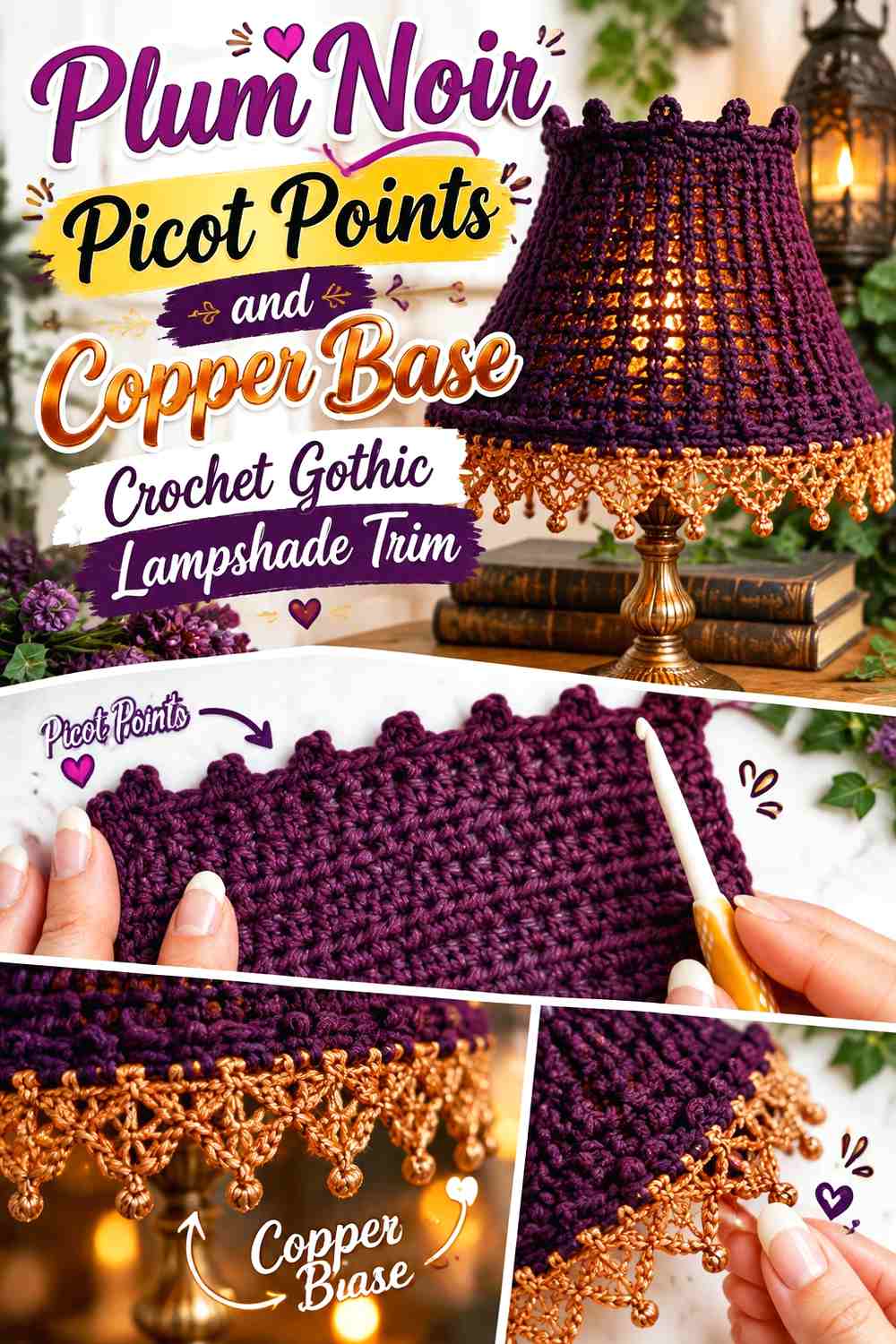 3. Plum Noir Picot Points And Copper Base Crochet Gothic Lampshade Trim