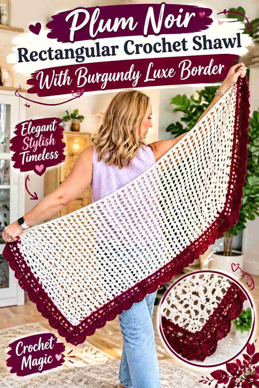 19. Plum Noir Rectangular Crochet Shawl With Burgundy Luxe Border