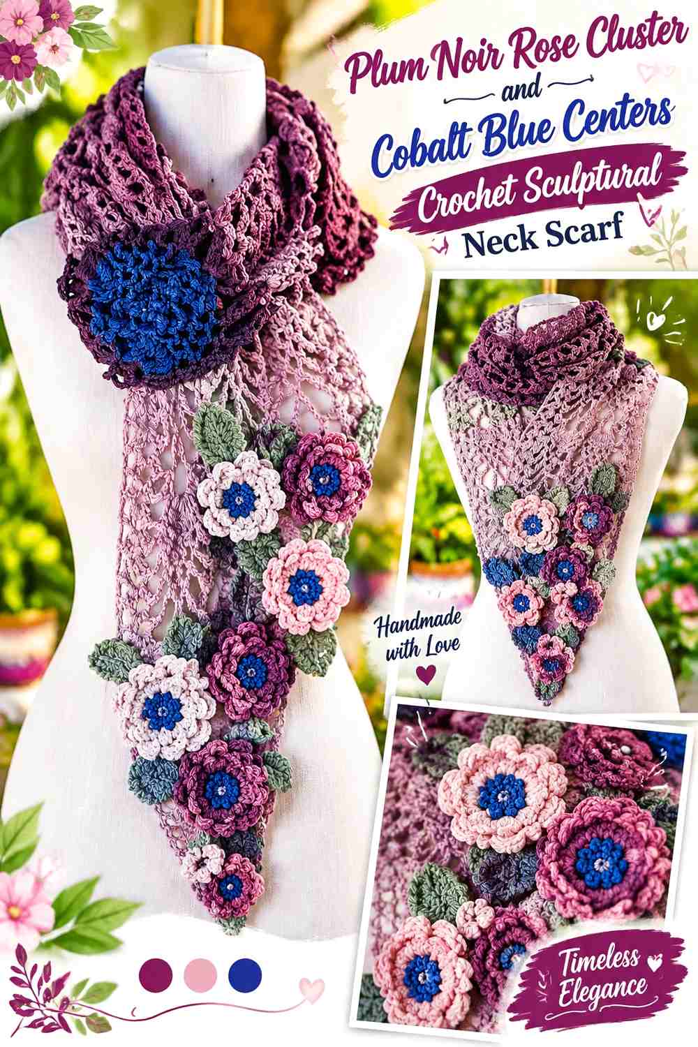 16. Plum Noir Rose Cluster And Cobalt Blue Centers Crochet Sculptural Neck Scarf