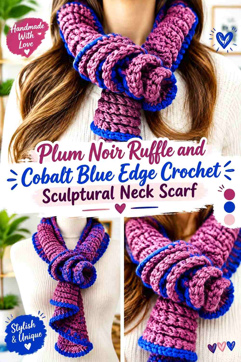 2. Plum Noir Ruffle And Cobalt Blue Edge Crochet Sculptural Neck Scarf