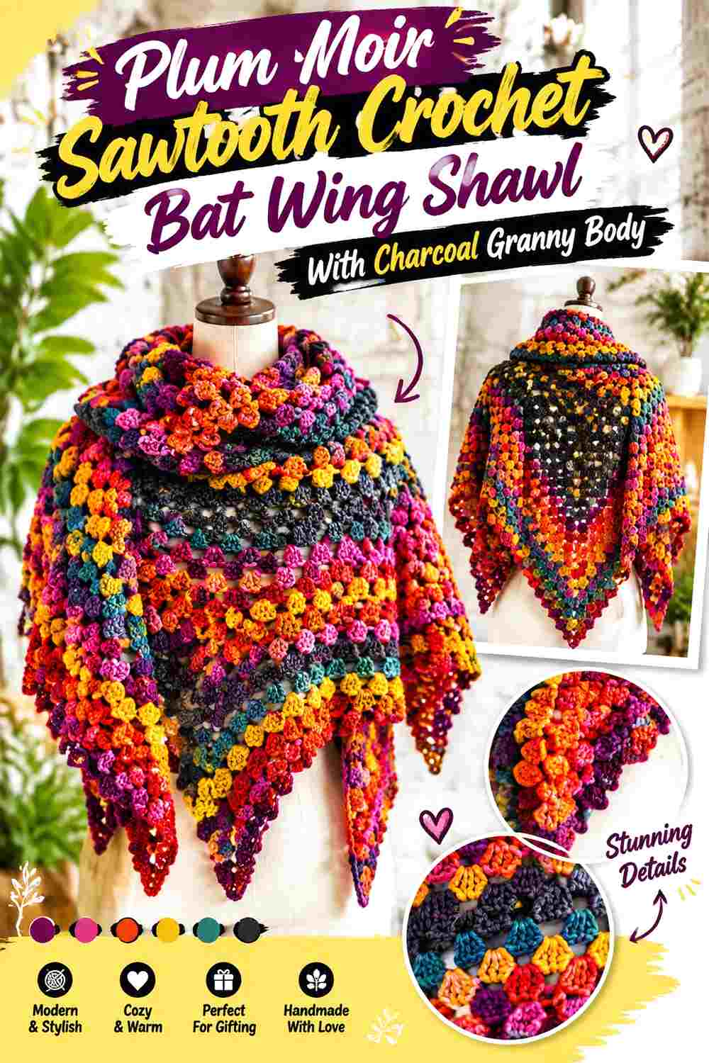 17. Plum Noir Sawtooth Crochet Bat Wing Shawl With Charcoal Granny Body